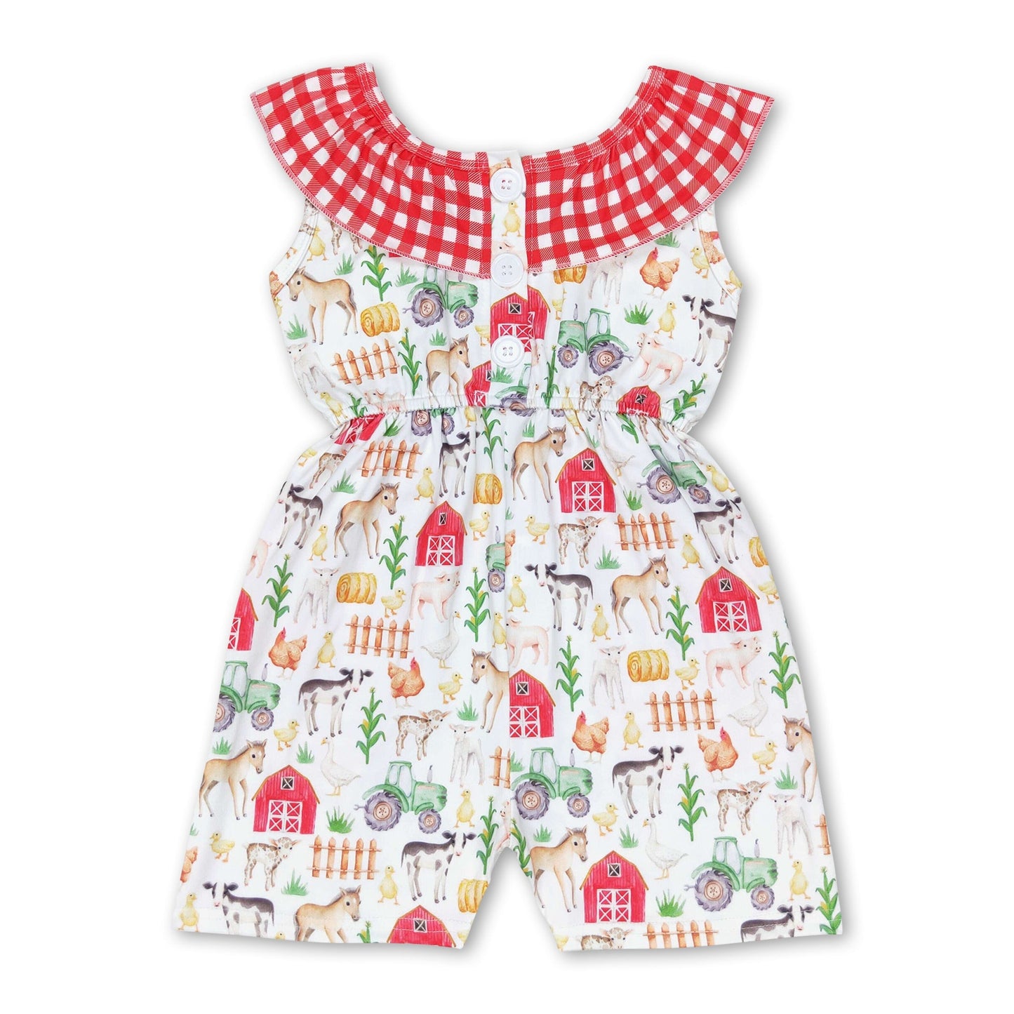 Plaid pig horse chicken pockets baby girls farm jumpsuit