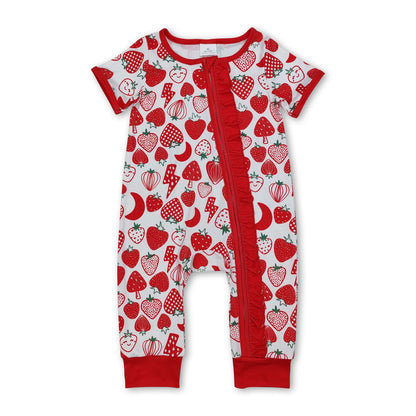 Short sleeves strawberry baby girls zipper romper