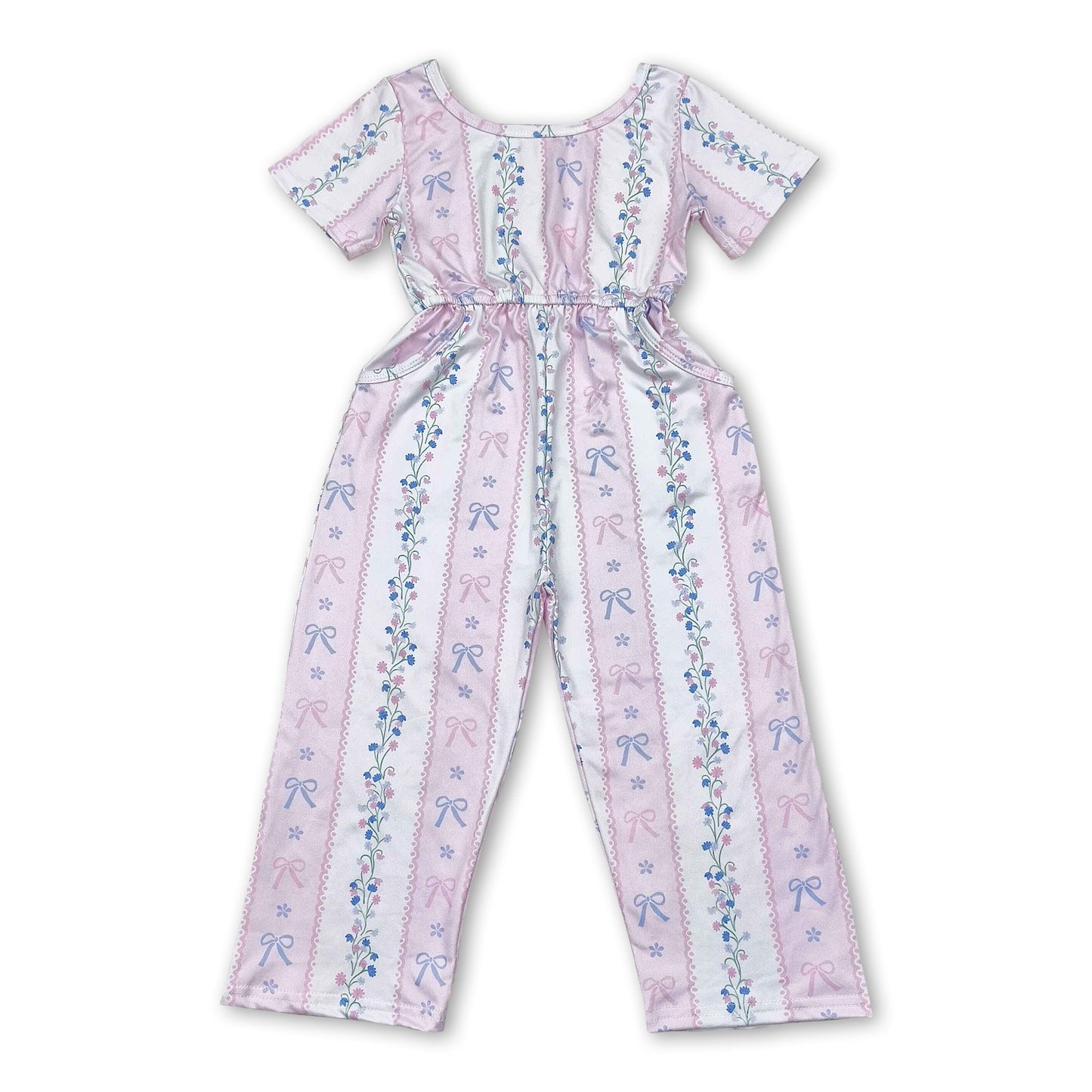 Short sleeves pink bow floral pockets girls jumpsuit