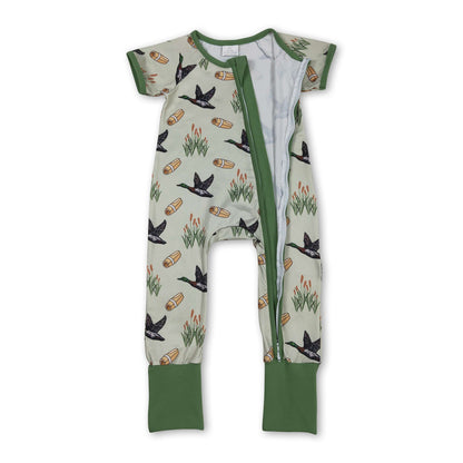 Green short sleeves duck baby boy zipper romper