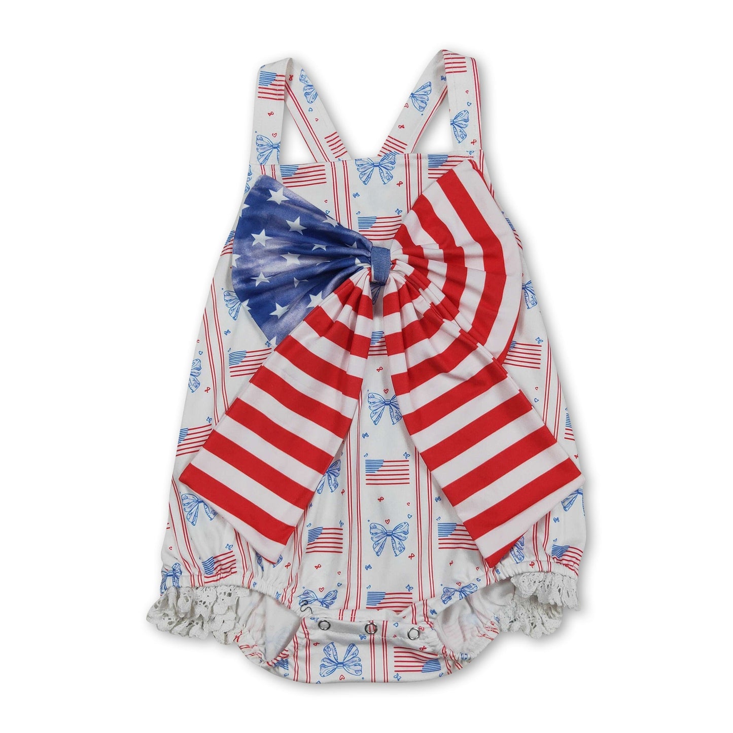 Straps flag bow baby girls 4th of july romper