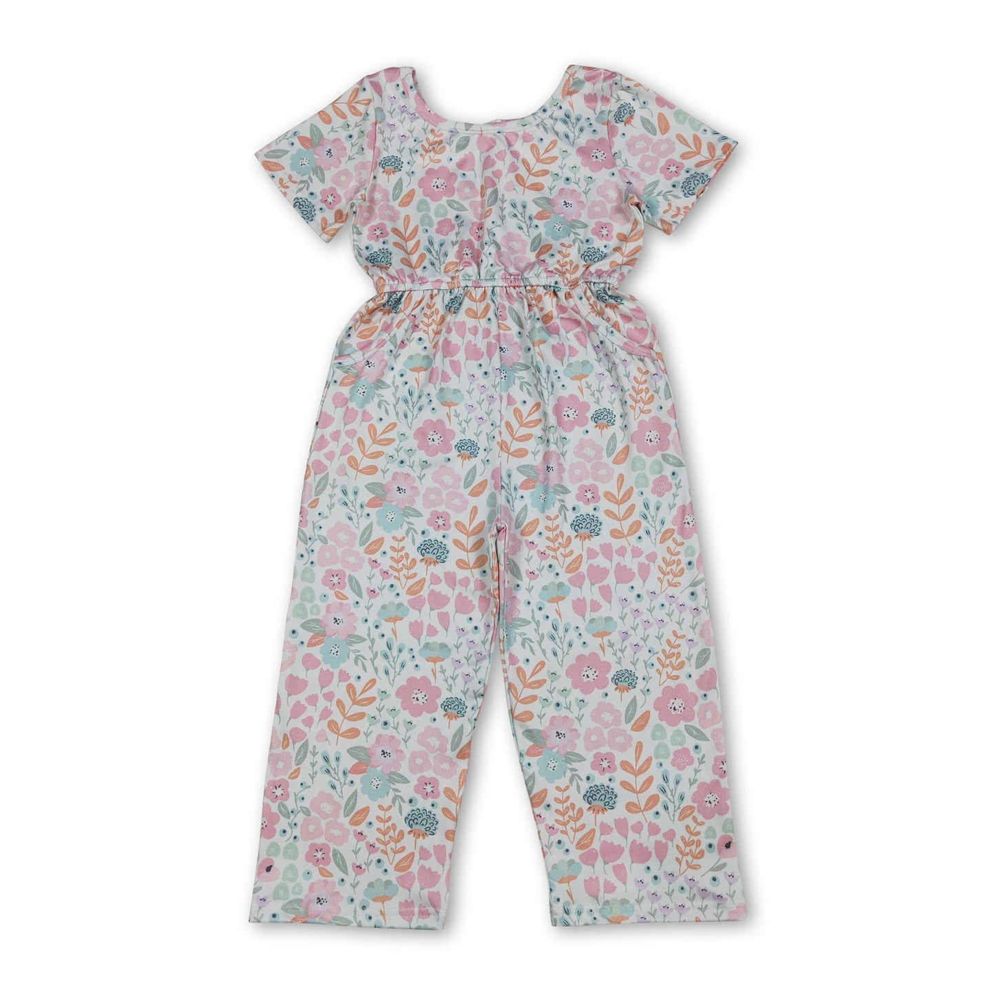 Short sleeves pink floral pockets kids girls jumpsuit