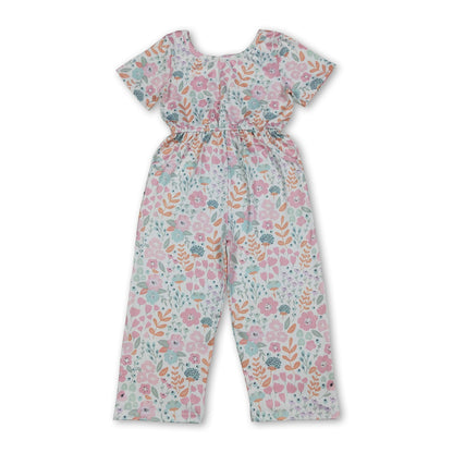 Short sleeves pink floral pockets kids girls jumpsuit