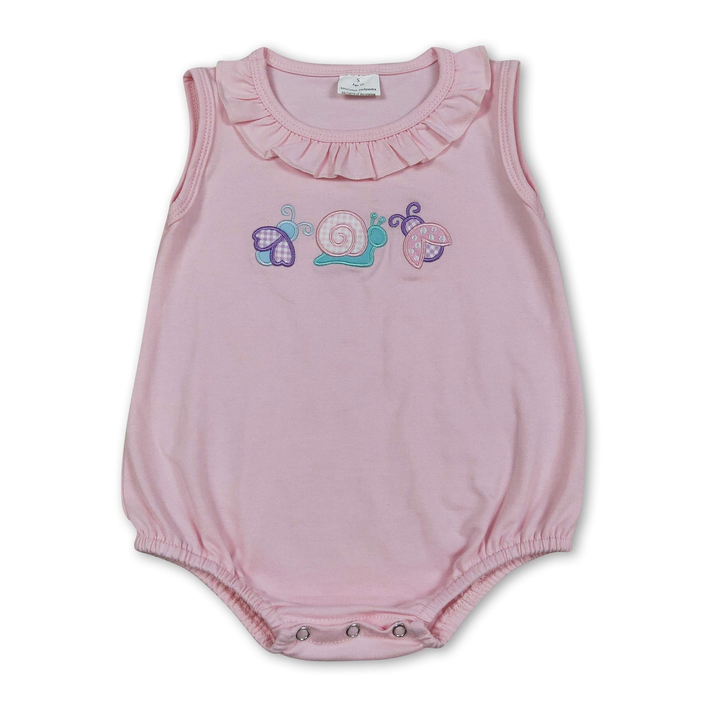 Ruffle sleeveless bee snails embroidery baby girls romper