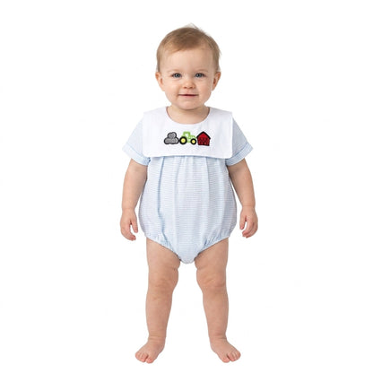 Short sleeves stripe farm tractor embroidery boy romper