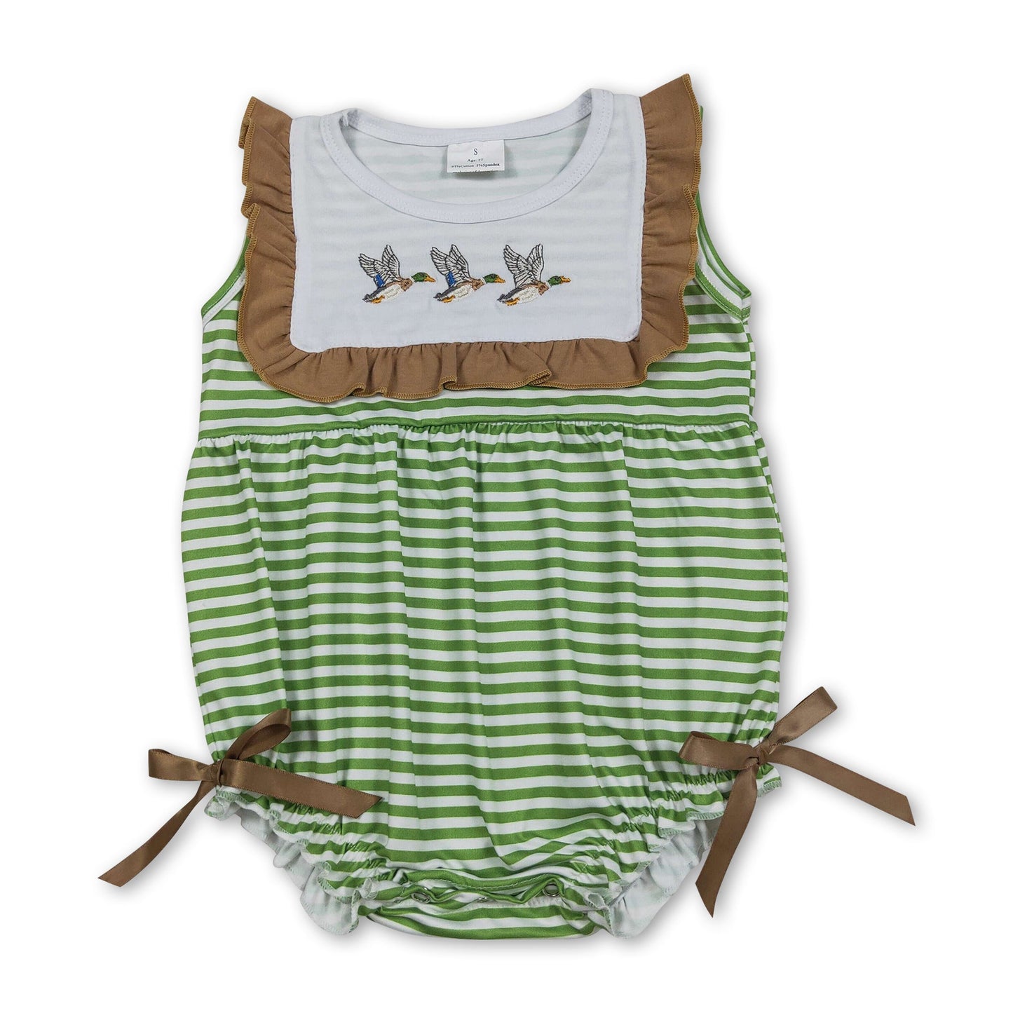Sleeveless duck embroidery stripe baby girls romper