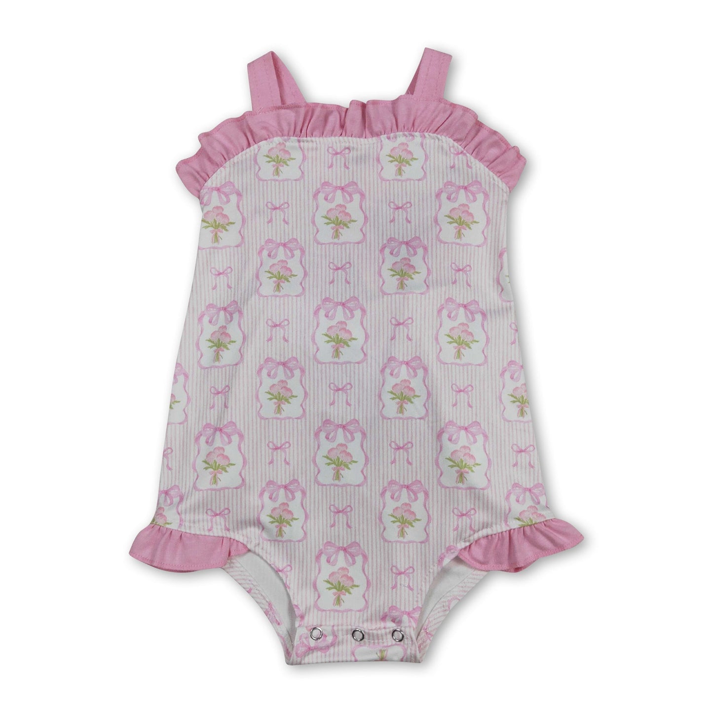 Pink straps stripe bow floral baby girls summer romper