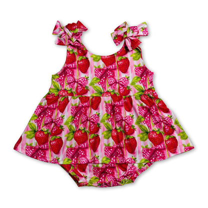 Sleeveless strawberry bow baby girls romper