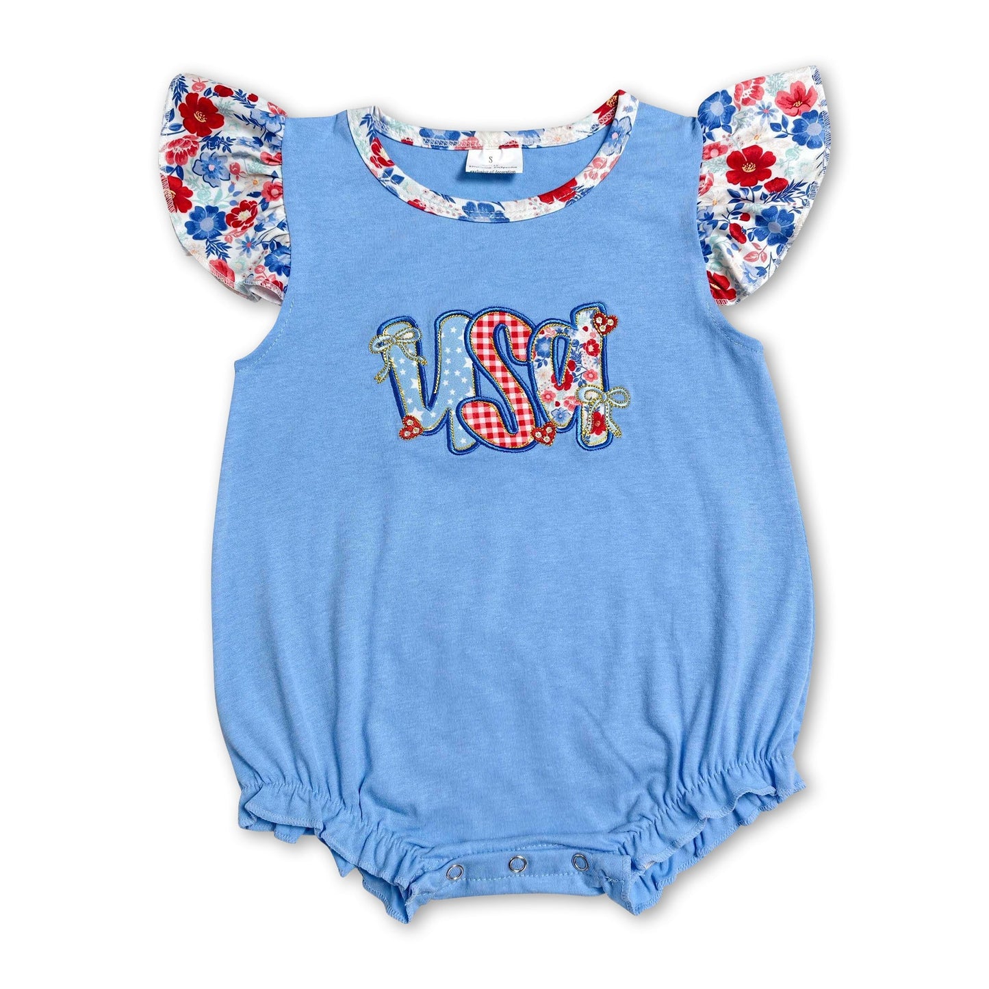 Floral flutter sleeves USA embroidery baby 4th of july romper