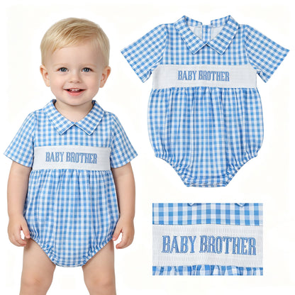 Blue plaid short sleeves baby brother smocked boy romper
