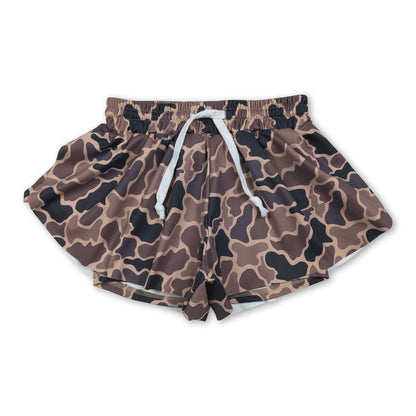 Brown camo kids girls summer active yoga shorts