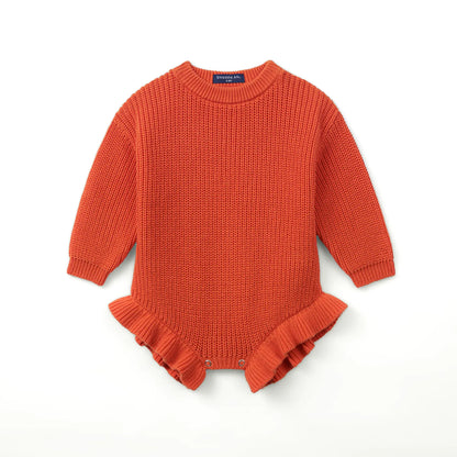 Ruffle Chunky Knit Baby Romper in Orange Rust