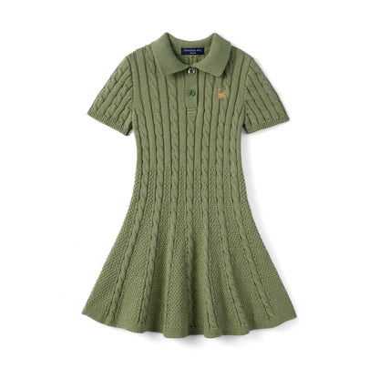 Cable Knit Polo Dress in Sage Green