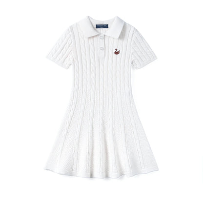 Cable Knit Polo Dress in White