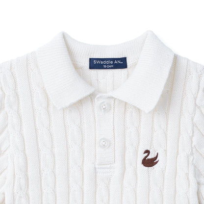 Cable Knit Polo Sweater in White