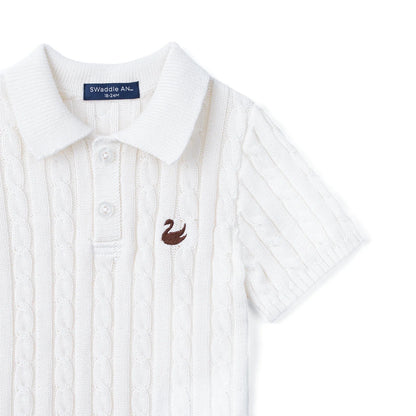 Cable Knit Polo Sweater in White