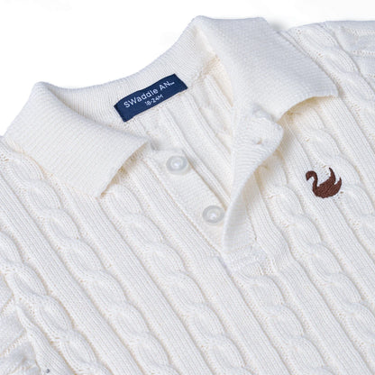 Cable Knit Polo Sweater in White