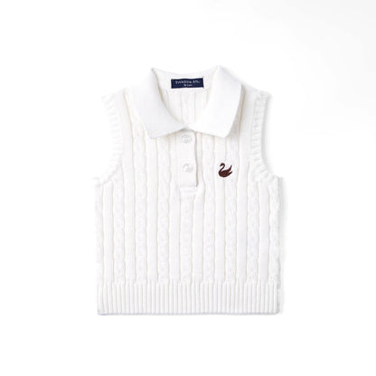 Cable Knit Sleeveless Polo Shirt in White
