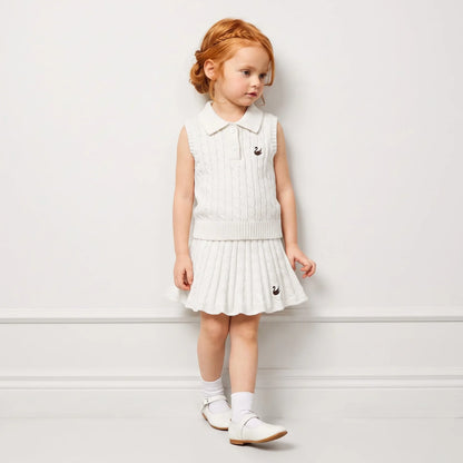 Cable Knit Sleeveless Polo Shirt in White