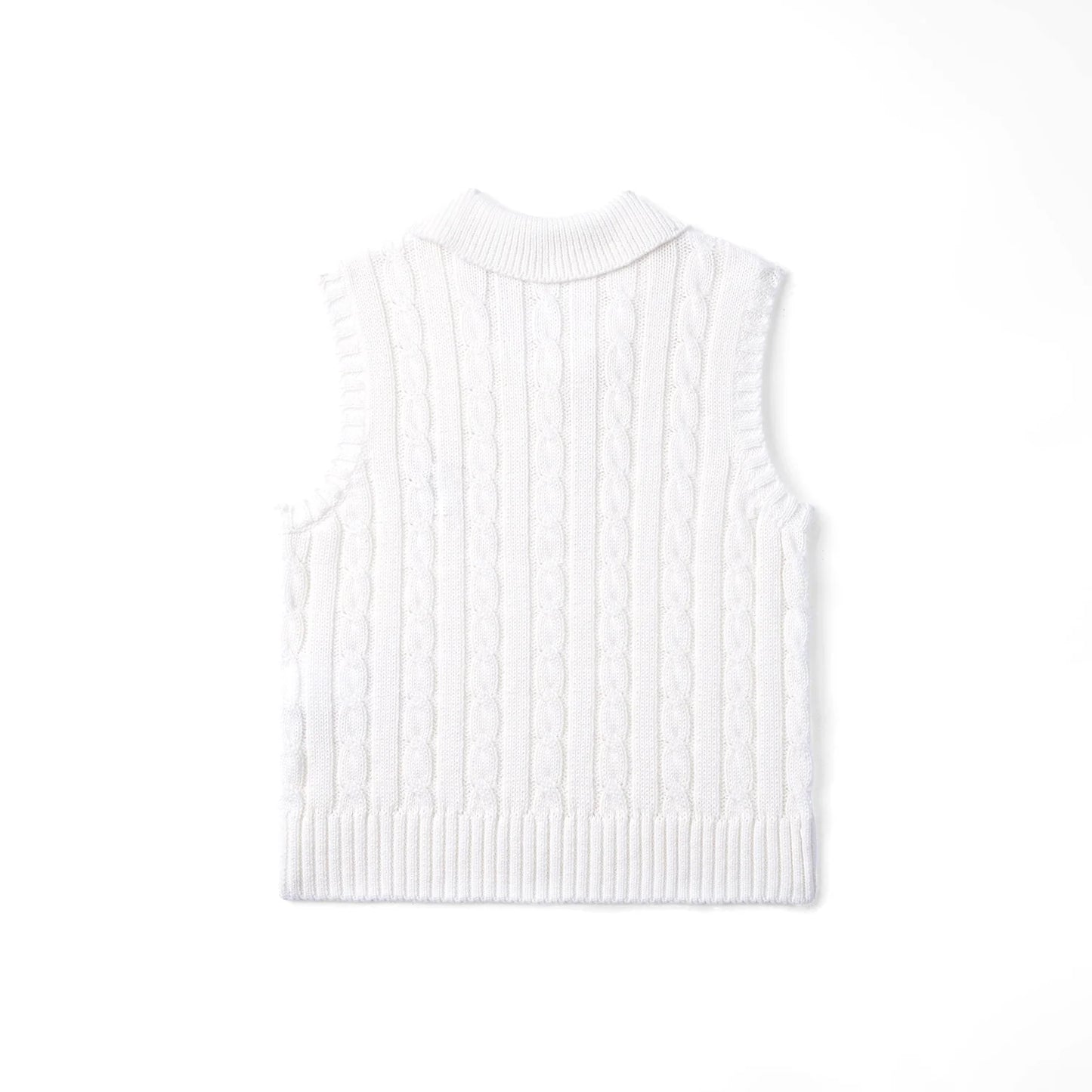 Cable Knit Sleeveless Polo Shirt in White