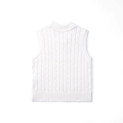 Cable Knit Sleeveless Polo Shirt in White