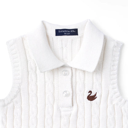 Cable Knit Sleeveless Polo Shirt in White
