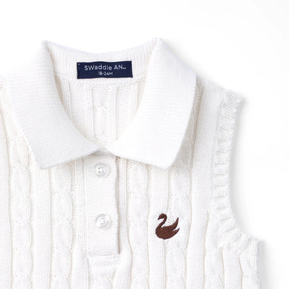 Cable Knit Sleeveless Polo Shirt in White