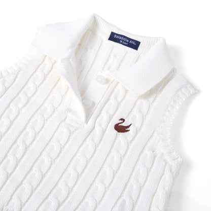Cable Knit Sleeveless Polo Shirt in White