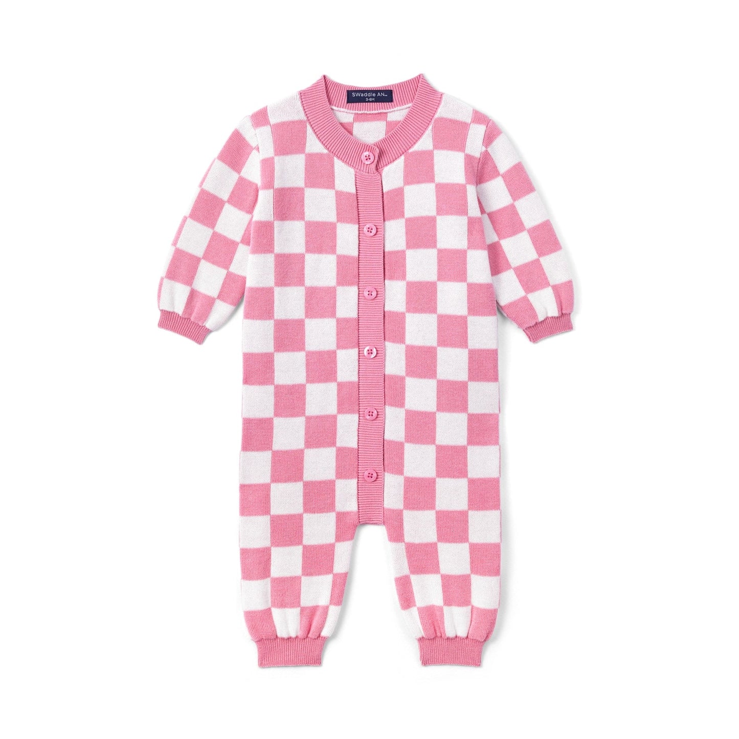 Pink Checker Baby Knit Button Romper