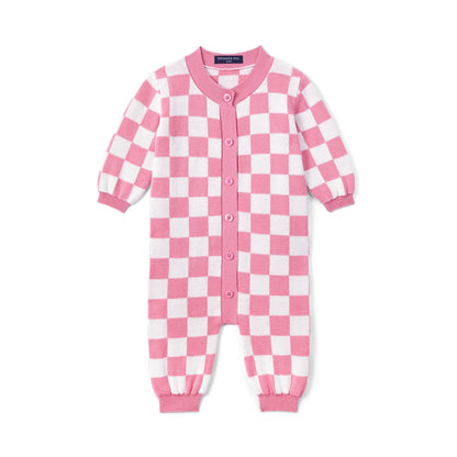 Pink Checker Baby Knit Button Romper
