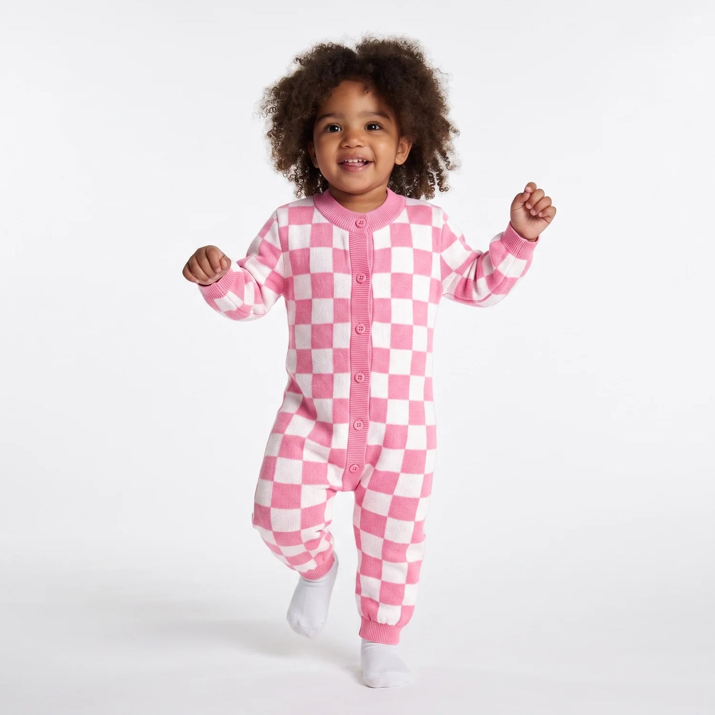Pink Checker Baby Knit Button Romper
