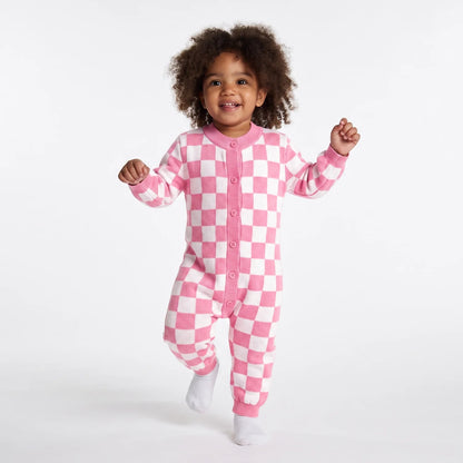Pink Checker Baby Knit Button Romper