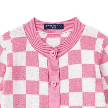 Pink Checker Baby Knit Button Romper