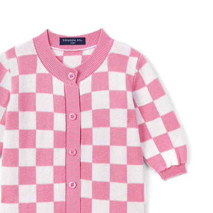 Pink Checker Baby Knit Button Romper