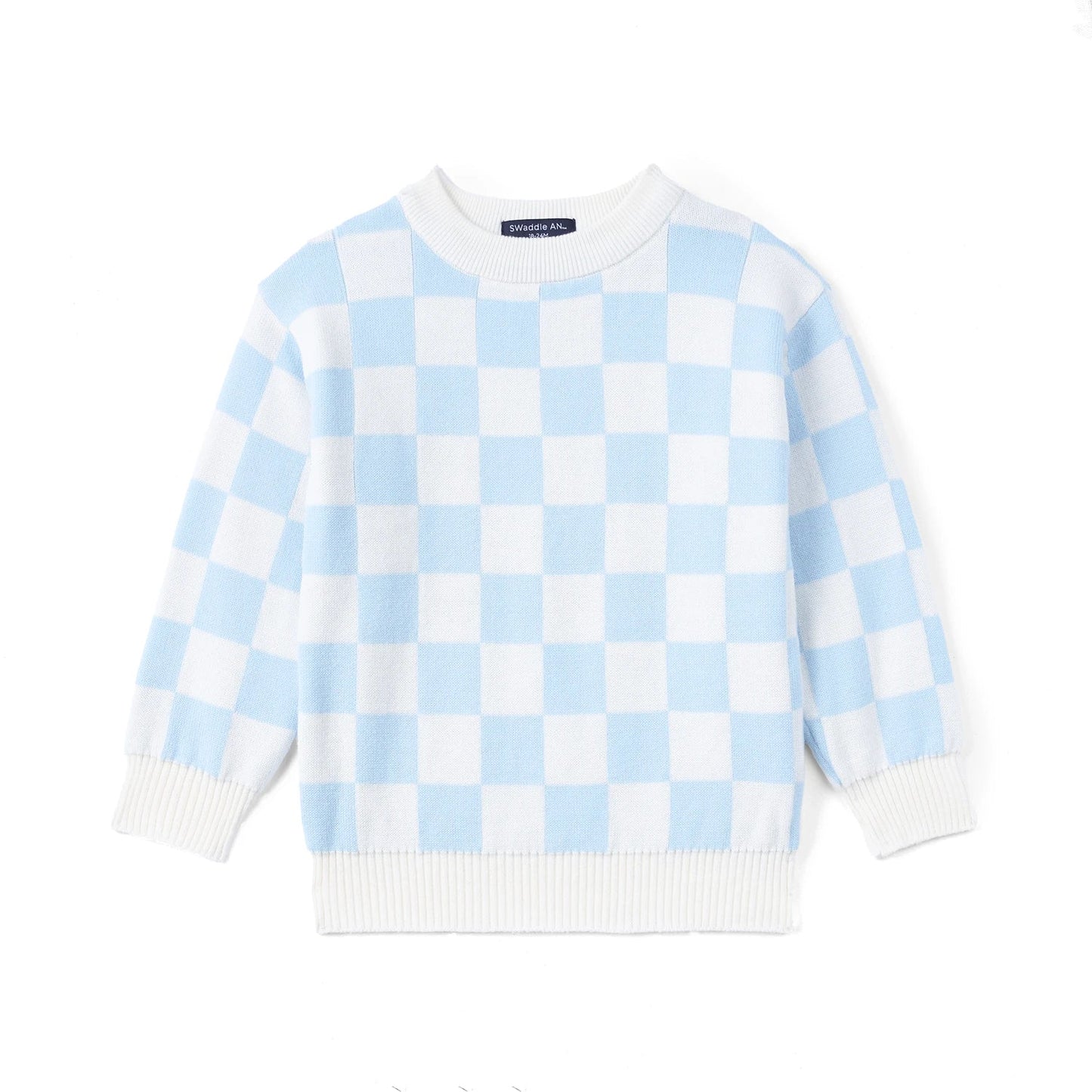 Blue Checker Knit Long Sleeve Crewneck Sweater