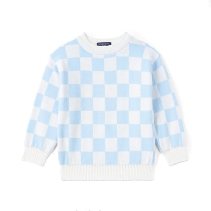 Blue Checker Knit Long Sleeve Crewneck Sweater