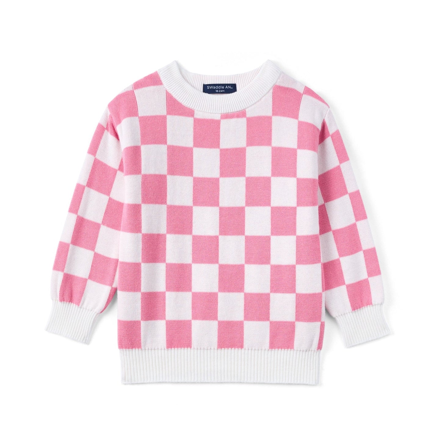 Pink Checker Knit Long Sleeve Crewneck Sweater