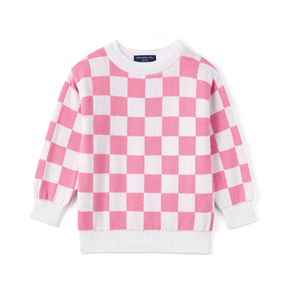 Pink Checker Knit Long Sleeve Crewneck Sweater