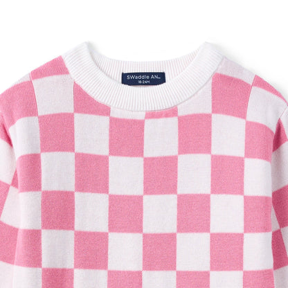 Pink Checker Knit Long Sleeve Crewneck Sweater