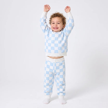 Blue Checker Knit Long Sleeve Crewneck Sweater
