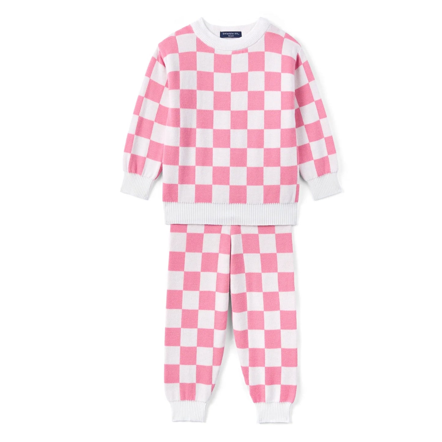 Pink Checker Knit Long Sleeve Crewneck Sweater