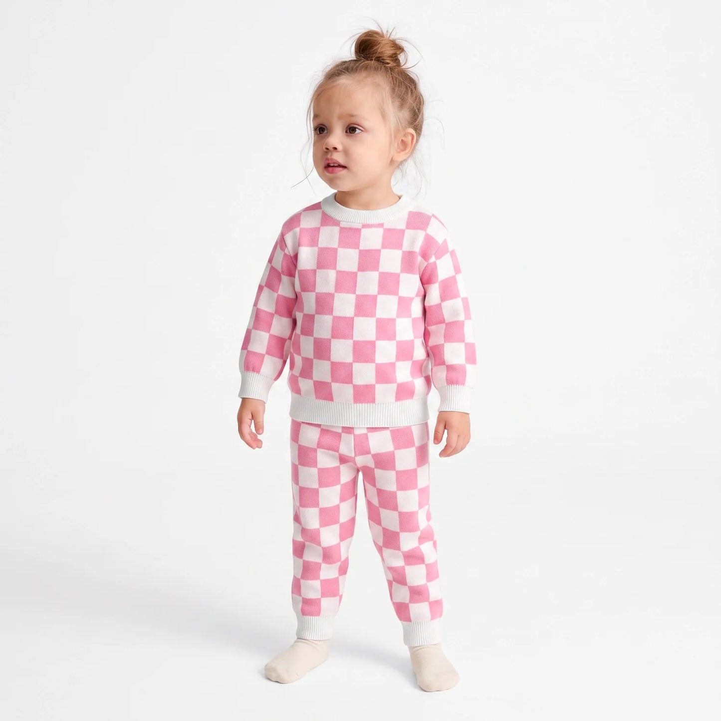 Pink Checker Knit Long Sleeve Crewneck Sweater