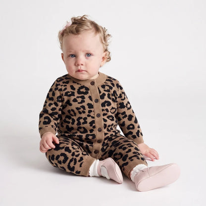 Leopard Baby Knit Button Romper
