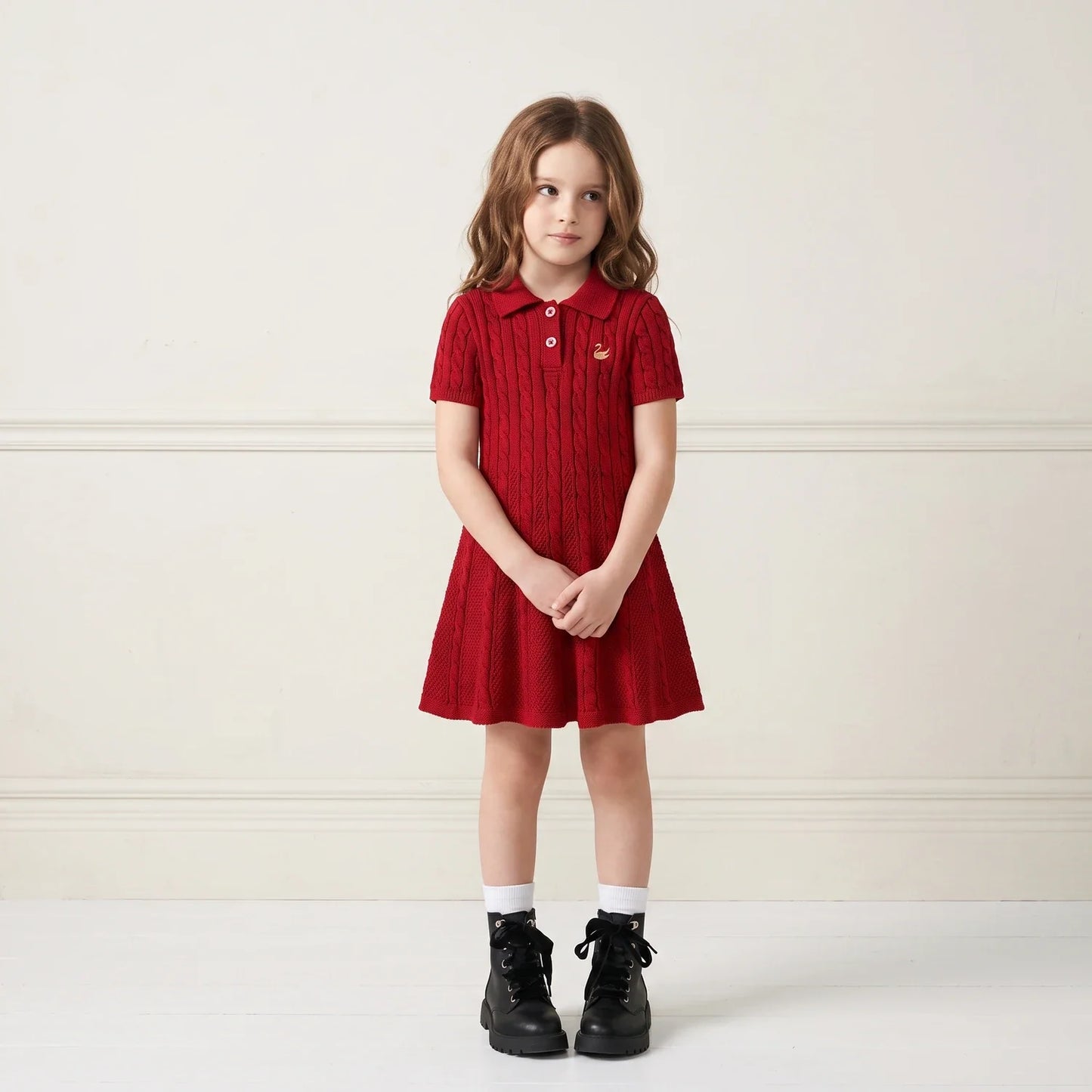 Cable Knit Polo Dress in Red Xmas