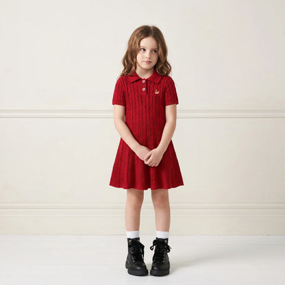 Cable Knit Polo Dress in Red Xmas