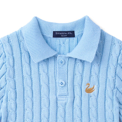 Cable Knit Polo Sweater in Baby Blue
