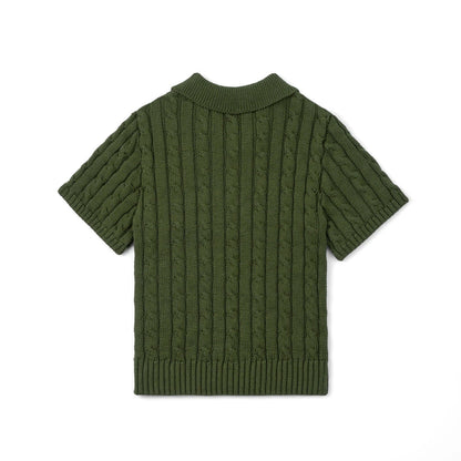 Cable Knit Polo Sweater in Forest Green