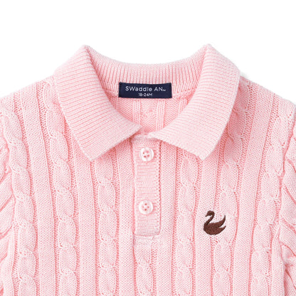 Cable Knit Polo Sweater in Pink