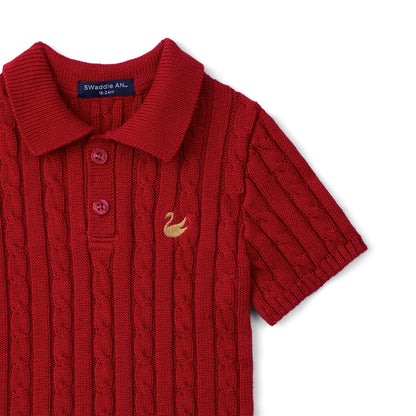 Cable Knit Polo Sweater in Red Xmas