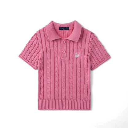 Cable Knit Polo Sweater in Rose Pink